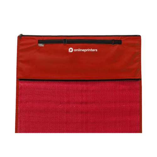 Rode strandmat met handvat en ritsvak.