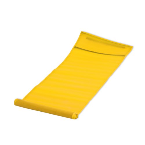 Gele stoffen strandmat, oprolbaar.
