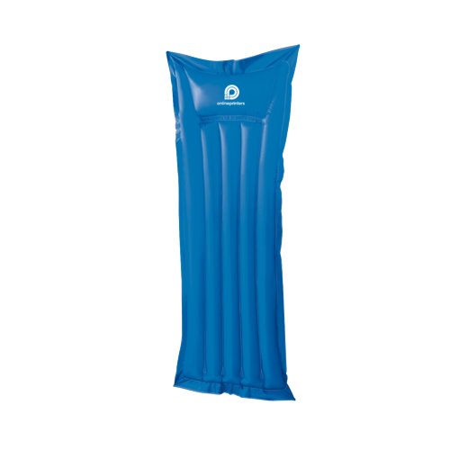 Blauw plastic luchtbed met hoofdkussen.