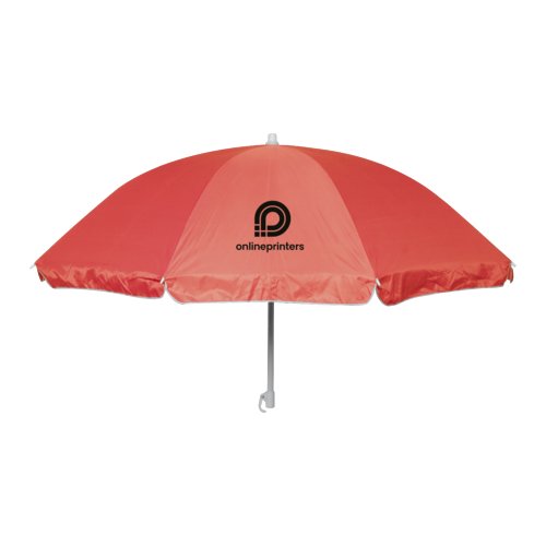 Rode strandparasol met metalen paal en baleinen.
