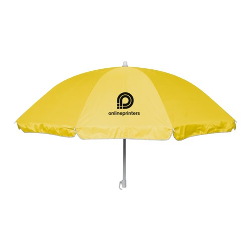 Gele strandparasol met een verstelbaar frame.