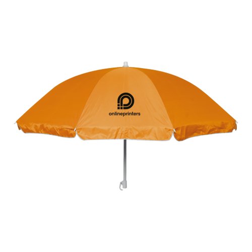 Oranje parasol met frame en doek.