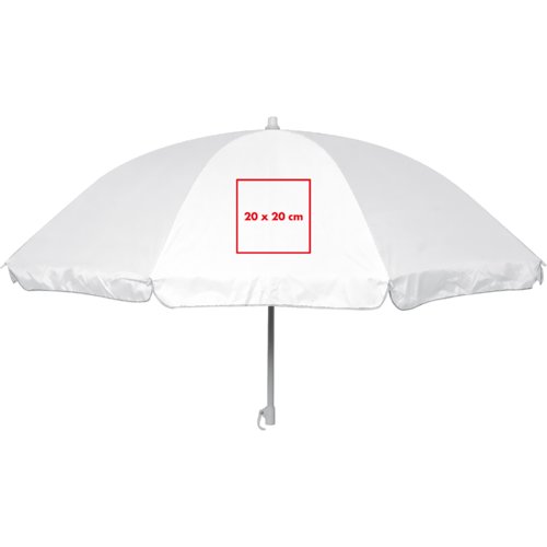 Witte stoffen parasol met metalen frame en afgeronde hoeken.
