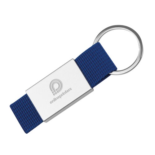 Blauwe stoffen sleutelhanger met metalen ring.
