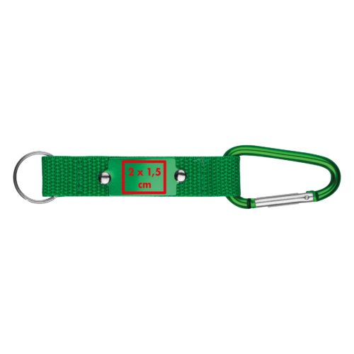 Groene textiele sleutelhanger met karabijnhaak en metalen ring.