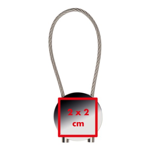 Metalen sleutelhanger met ronde hanger en staalkabel.
