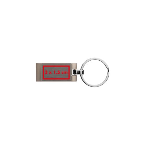 Metalen sleutelhanger met rechthoekige vorm en ring.