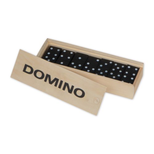 Houten dominospel in houten doos met schuifdeksel.