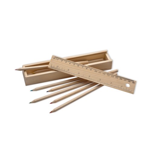 Houten tekenset met kleurpotloden, liniaal en schuifdekseldoos.