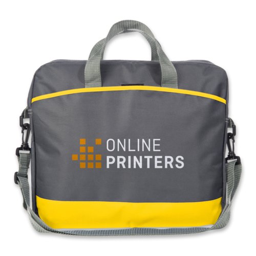 Gele stoffen laptoptas met handvatten en schouderriem.