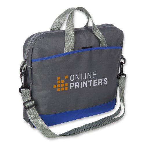 Grijze stoffen laptoptas met rits en handvatten.