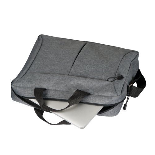 Grijze laptoptas met rits en handvatten.