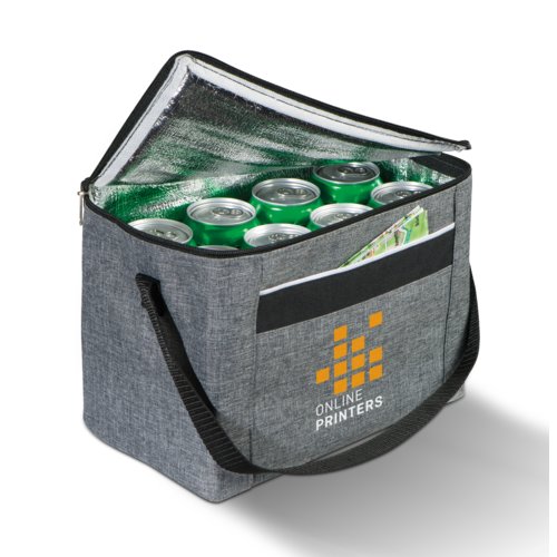 Grijze polyester koeltas met rits en handgrepen.