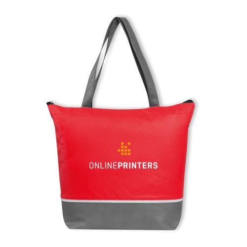Rode non-woven koeltas met ritssluiting en draaghengels.