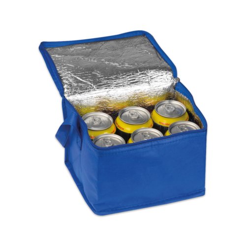 Blauwe non-woven koeltas met handvatten en ritssluiting.