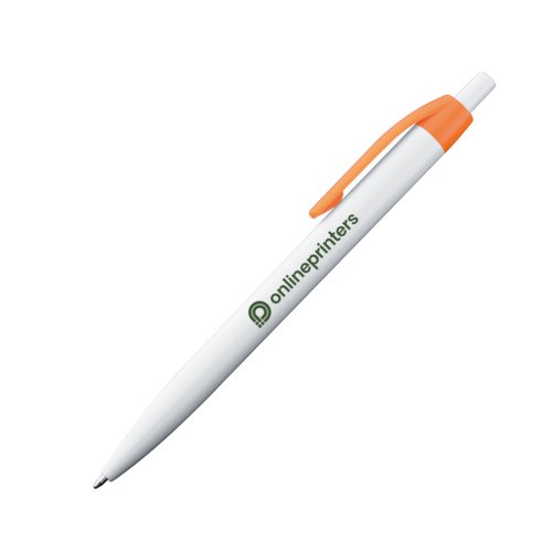 Oranje plastic balpen met clip en drukknop.