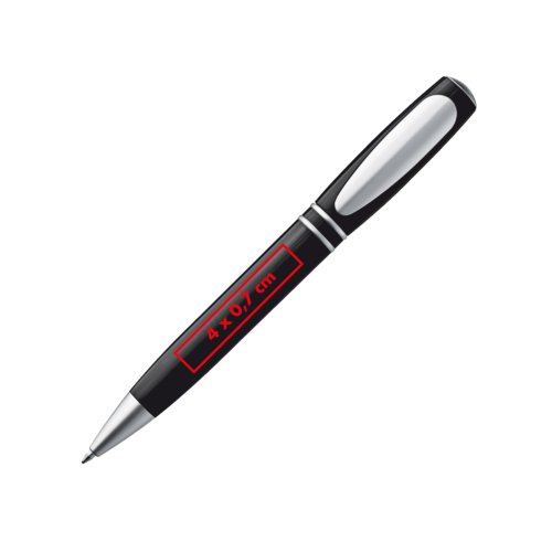 Zwarte plastic balpen met metalen elementen en clip.