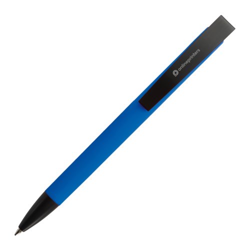 Blauwe balpen met clip en drukmechanisme.