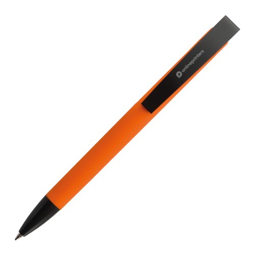 Oranje balpen met clip en drukmechanisme.
