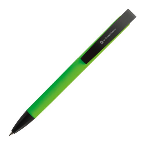 Groene balpen met clip en drukmechanisme.