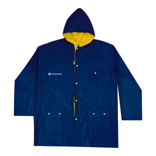 Blauw-gele omkeerbare regenjas met capuchon en zakken.