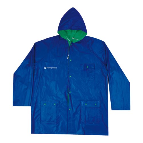 Blauw en groen omkeerbaar regenjack met capuchon en zakken.