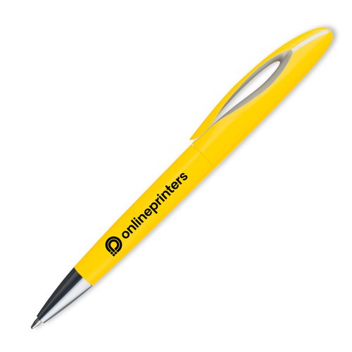 Gele plastic balpen met clip en drukknop.