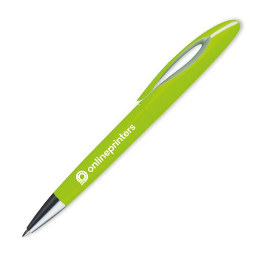 Groene kunststof balpen met clip en drukmechanisme.