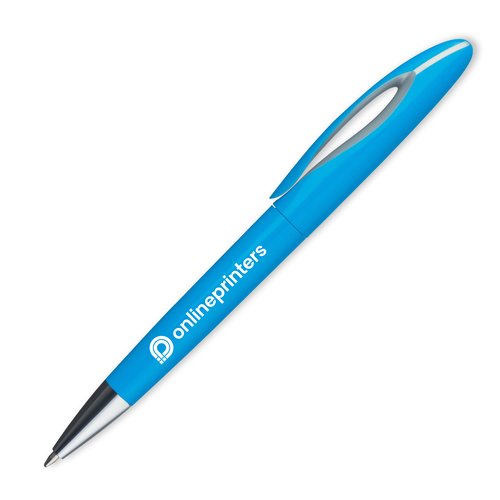 Lichtblauwe plastic balpen met patroon en drukknop.