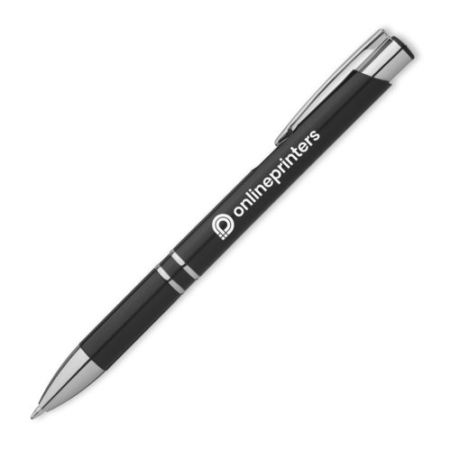 Zwarte metalen balpen met clip en drukmechanisme.