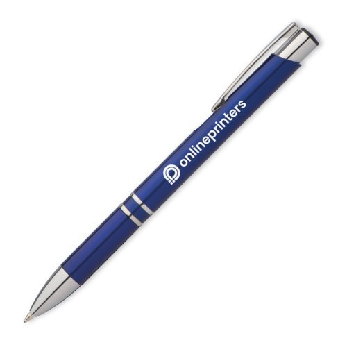 Blauwe metalen balpen met clip en drukmechanisme.