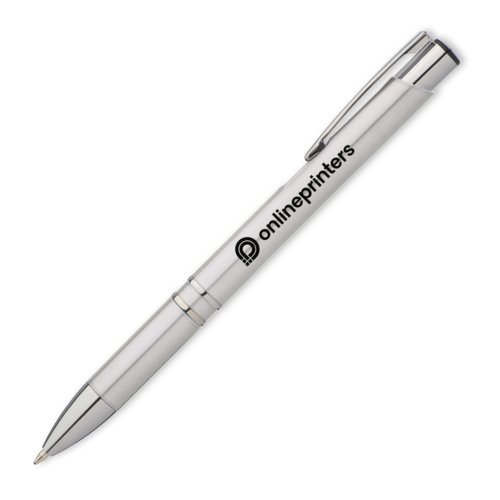 Grijze metalen balpen met patroon, clip en drukknop.
