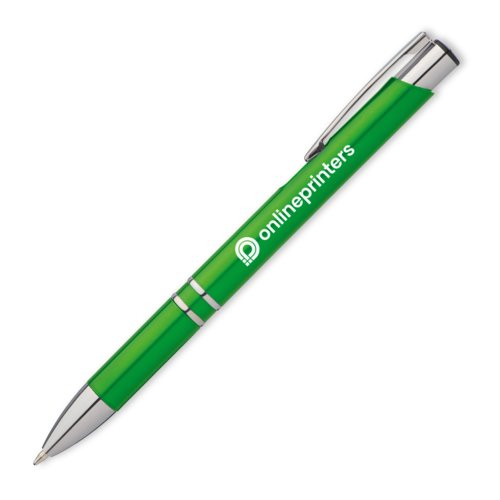 Groene metalen balpen met clip en drukknop.
