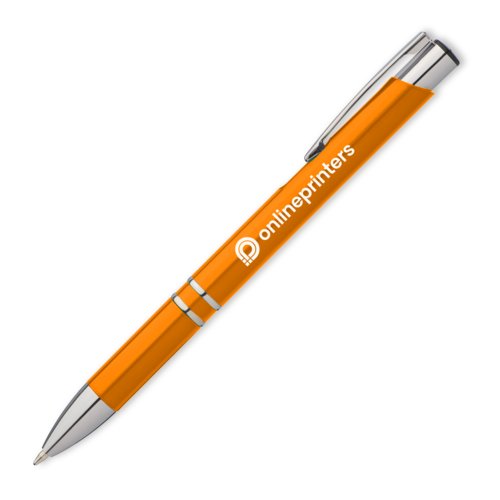 Oranje metalen balpen met clip en drukknop.