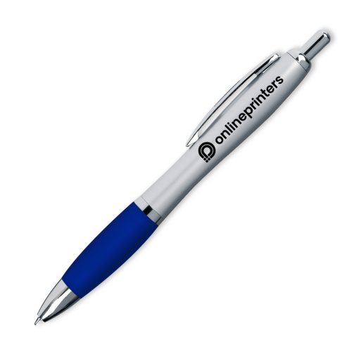 Blauwe balpen met clip en drukmechanisme.