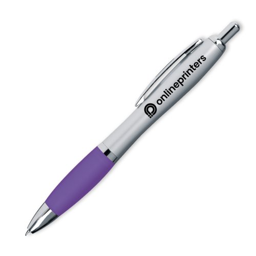 Paarse plastic balpen met clip en drukknop.