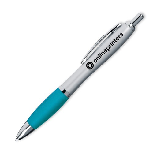 Turquoise plastic balpen met clip en drukmechanisme.