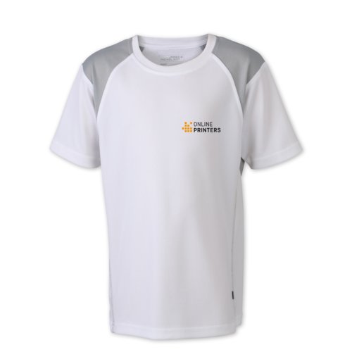 Wit en zilverkleurig polyester hardloopshirt voor kinderen.