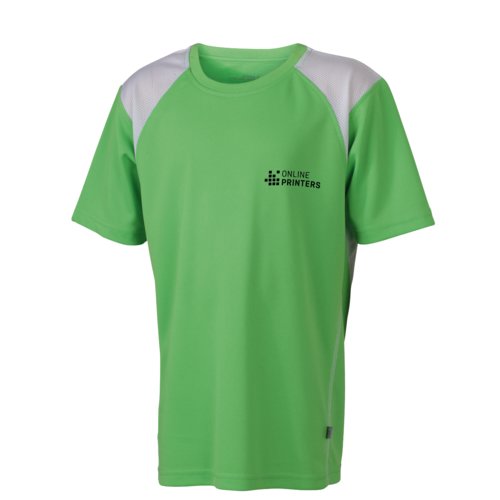 Groen functioneel hardloopshirt voor kinderen met korte mouwen.