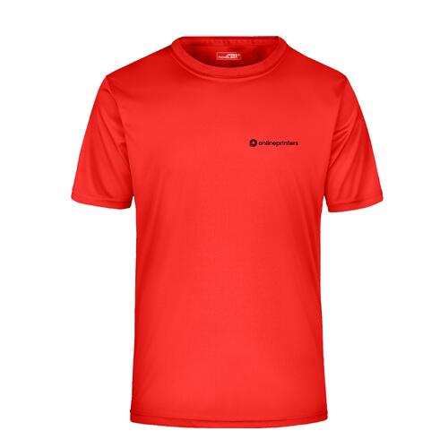Rood polyester T-shirt met korte mouwen.