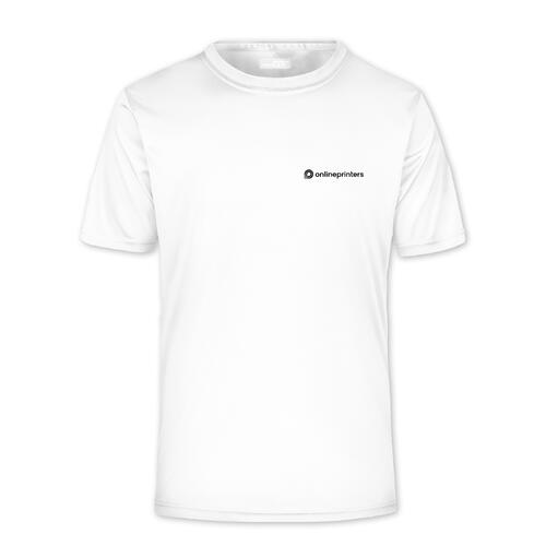 Wit polyester heren T-shirt met korte mouwen.