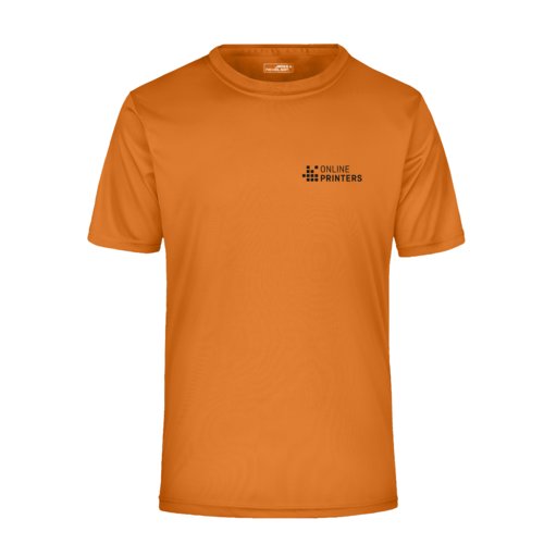 Oranje polyester T-shirt met korte mouwen.