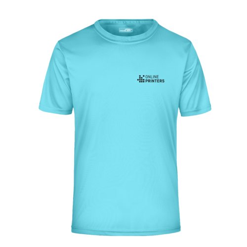 Turkooizen polyester heren T-shirt met korte mouwen.