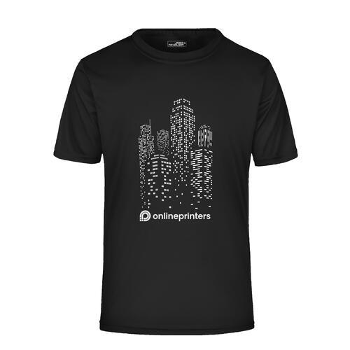Zwart polyester T-shirt met korte mouwen.