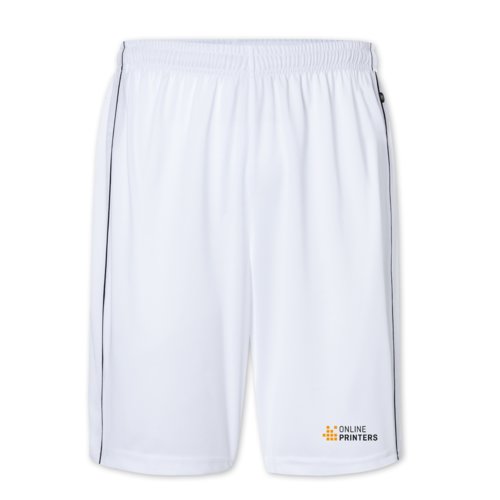 Witte polyester short met elastische tailleband en trekkoord.
