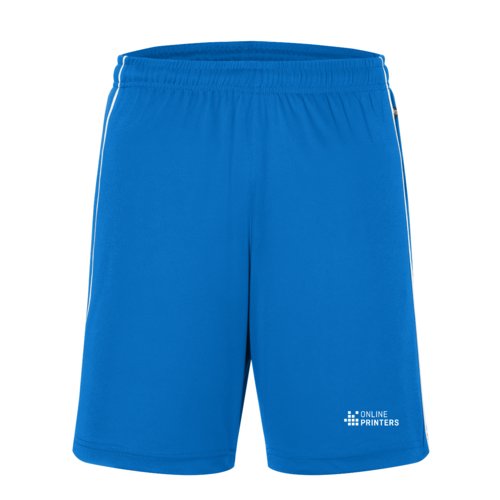 Blauwe polyester short met elastische tailleband en trekkoord.