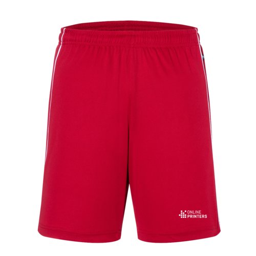 Rode polyester short met elastische tailleband en witte accentstrepen.