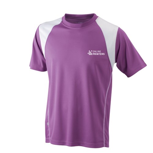 Paars en wit polyester hardloopshirt voor heren met korte mouwen.