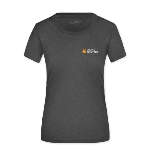 Donkergrijs gemleerd polyester dames T-shirt met korte mouwen.