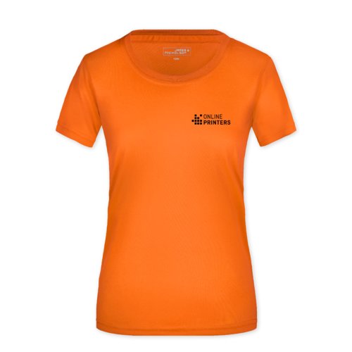 Oranje polyester dames T-shirt met korte mouwen.